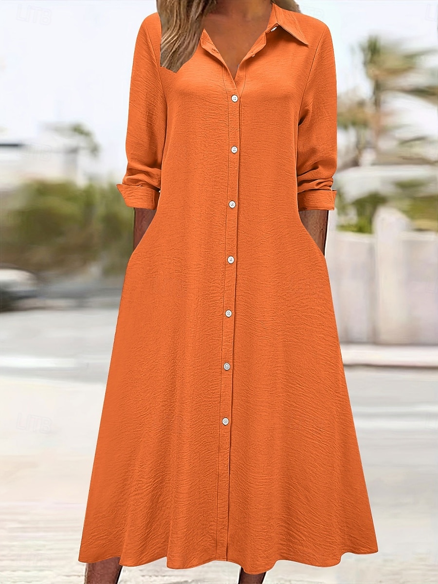 Femmes Robe Midi Robe Chemise Robe Décontractée Robe trapèze Robe en faux lin Mode Basique Moderne Quotidien Vacances Sortir Coupe régulière Uni manche longue Col de chemise Bleu Noir Vin Orange de 2026 ? $28.99 –P13