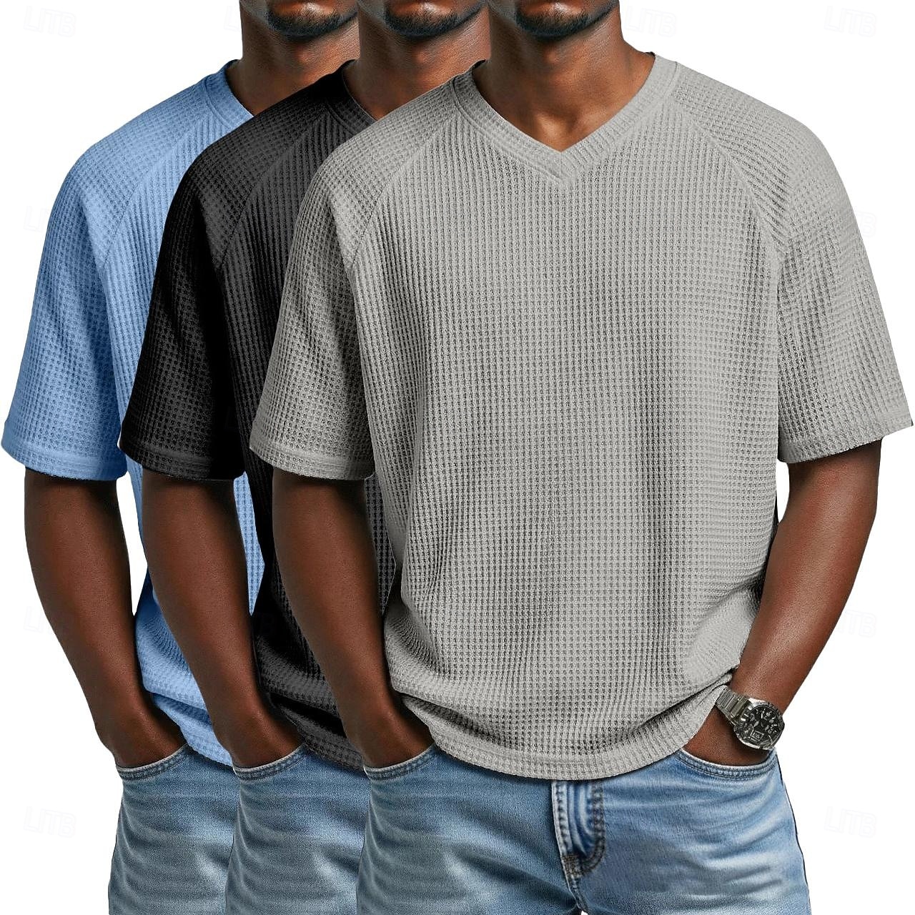 3 pezzi t-shirt da uomo waffle maglietta a maniche corte scollo a V estate tinta unita testurizzata alla moda designer casual multipack maniche raglan casual quotidiano esterno blu bianco maglietta del 2026 a $51.99 –P13
