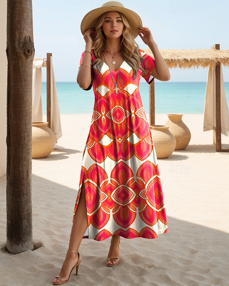Per donna Abito Midi Abito a trapezio Casual Quotidiano Vestibilità regolare Floreale Astratto Manica Corta Scollo a V Bianco Viola Arancione Marrone Estate Primavera del 2026 a $27.99 –P2
