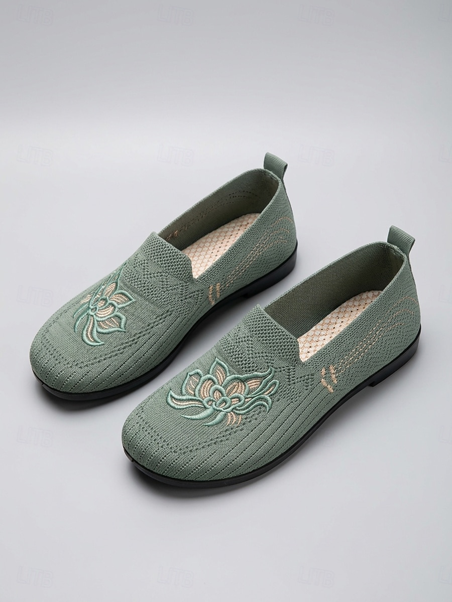 Women's Green Comfort Embroidered Knit Slip-on Shoes – Breathable Lightweight Casual Loafers for Travel, Home & Daily Wear 2026 - $19.99 –P1