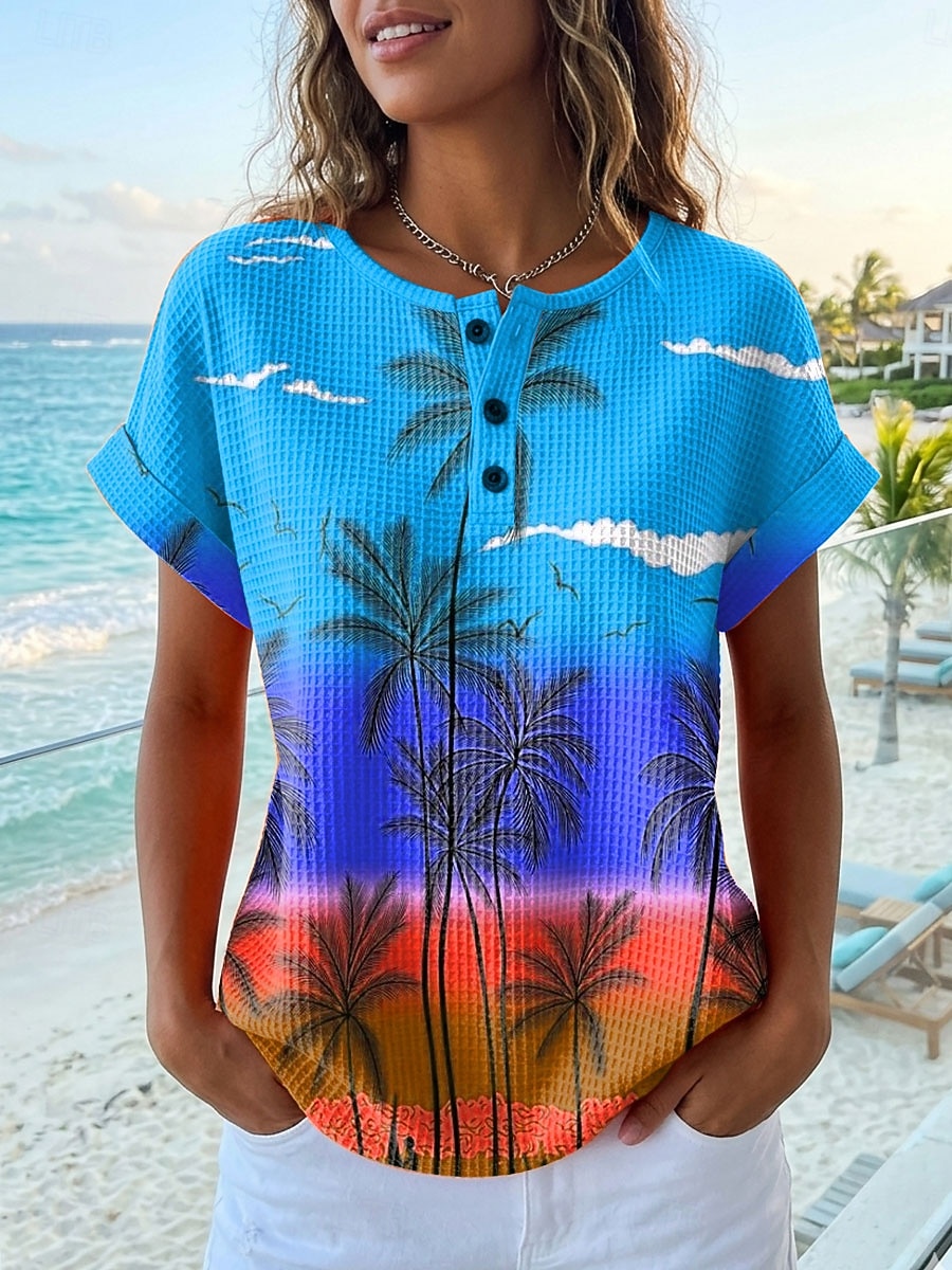 Top in maglia waffle per donna T-shirt a blocchi di colore grafica geometrica elegante classica maniche corte a girocollo top regolari sportivi quotidiani blu viola arancione verde estivo primaverile del 2026 a $24.99 –P3