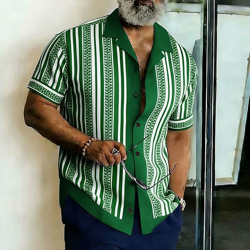 Men's Boho Geometric Striped Shirt Button Up Shirt Camp Collar Shirt Short Sleeve Fashion Casual Streetwear Vacation Summer Spring Cuban Collar 3D Print Blue Yellow Green Khaki 2026 - $25.99 –P4