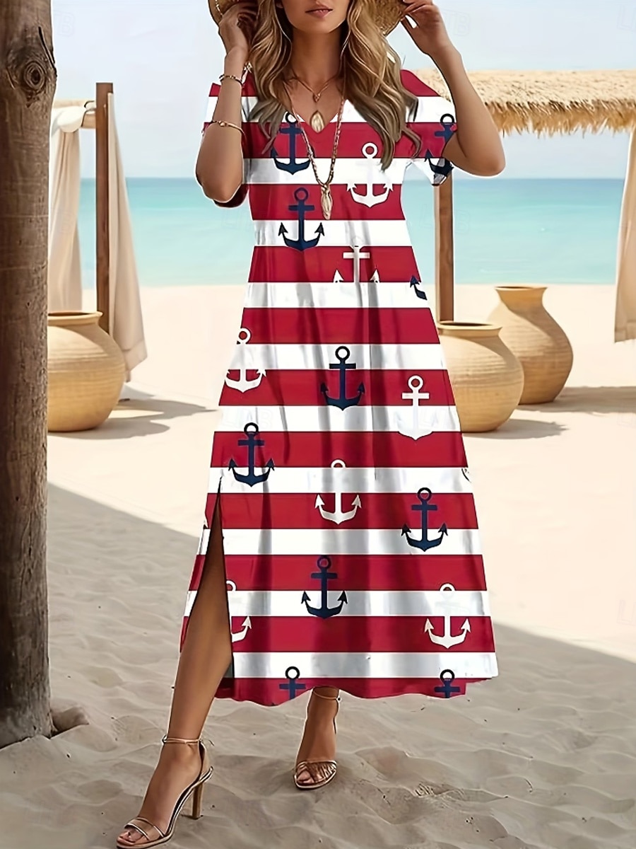 Dames Halflange jurk A lijn jurk Vakantie Casual Strandstijl Dagelijks Strand Feestdagen Ruim Passend Geometrisch Gestreept Korte mouw V-hals blauw Rood Groen Zomer Lente 2026 - $25.99 –P4