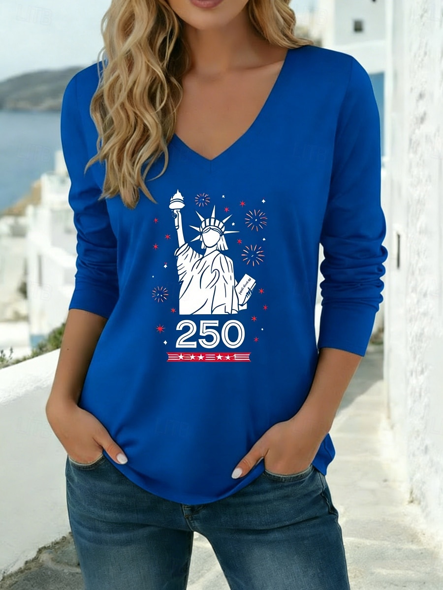 Amerikanska självständighetsdagen Dam T-shirt T-tröja Mönster Grafisk Mode Modern Ledigt Långärmad V-hals Vanliga toppar Dagligen Utekväll Helgen Blå Svart Vit Vin Armégrön Vår Höst 2026 - $21.99 –P5