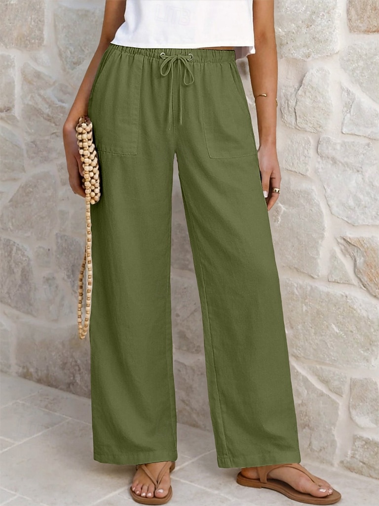Damskie Lniane spodnie Spodnie Spodnie codzienne Letnie spodnie Urlop Moda Podstawowy Pełna długość Średia talia Równina Ściągana na sznurek Elastyczny pas Prosta noga Lekki Oddychający Nieelastyczny 2026 - $25.99 –P8