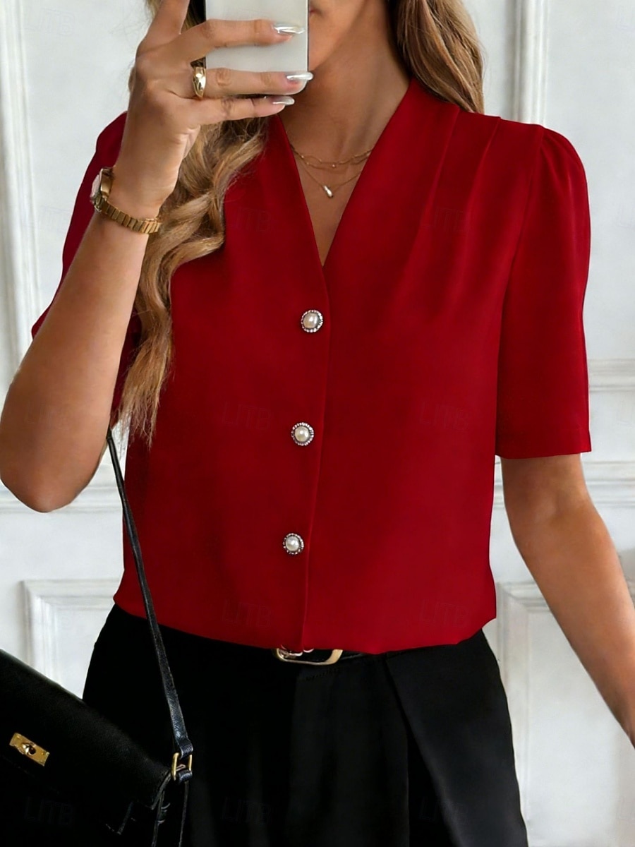 Mujer Camisa Camisa con botones Camisa casual Botones Plano Elegante Clásico Moderno Manga Corta Escote en Pico Tops regulares Diario Festivos Noche Azul Piscina Negro Blanco Vino Albaricoque Verano 2026 - $31.99 –P15