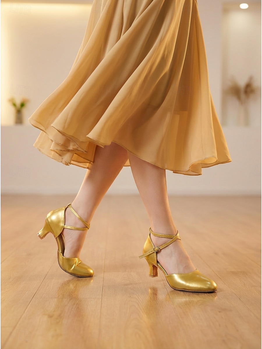 Zapatos de baile de salón para mujer, color burdeos charol, con tira cruzada, tacón bajo, estilo clásico para vals y foxtrot. &Tacones de baile cómodos y elegantes para practicar. 2026 - $34.99 –P2