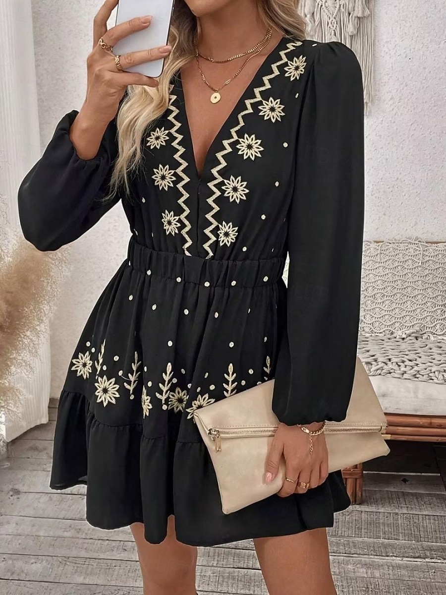 Damen Minikleid Boho-Kleid Freizeitkleid Elegant Mode Modern Outdoor Urlaub Ausgehen Normale Passform Blumen Langarm V Ausschnitt Schwarz Wein Rote Grün Sommer Frühling 2026 - $43.99 –P6