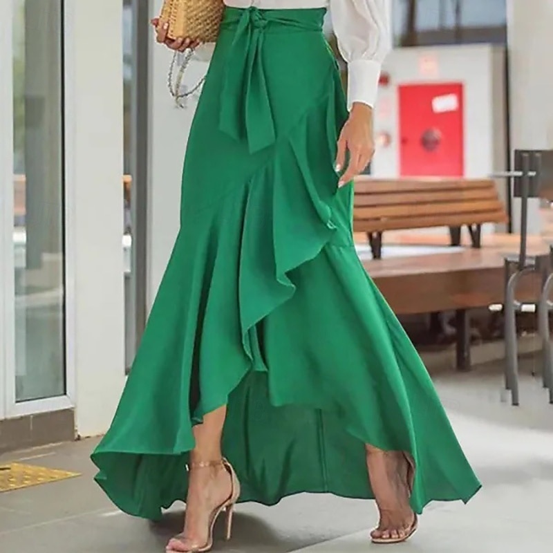 Dames Vakantierok Elegant Modieus Casual Maxi Medium taille Rokken Effen Trekkoord Ruche Elastische taille Micro-elastisch Dagelijks Straat Zwart Wijn Groen Zomer 2026 - $26.99 –P3