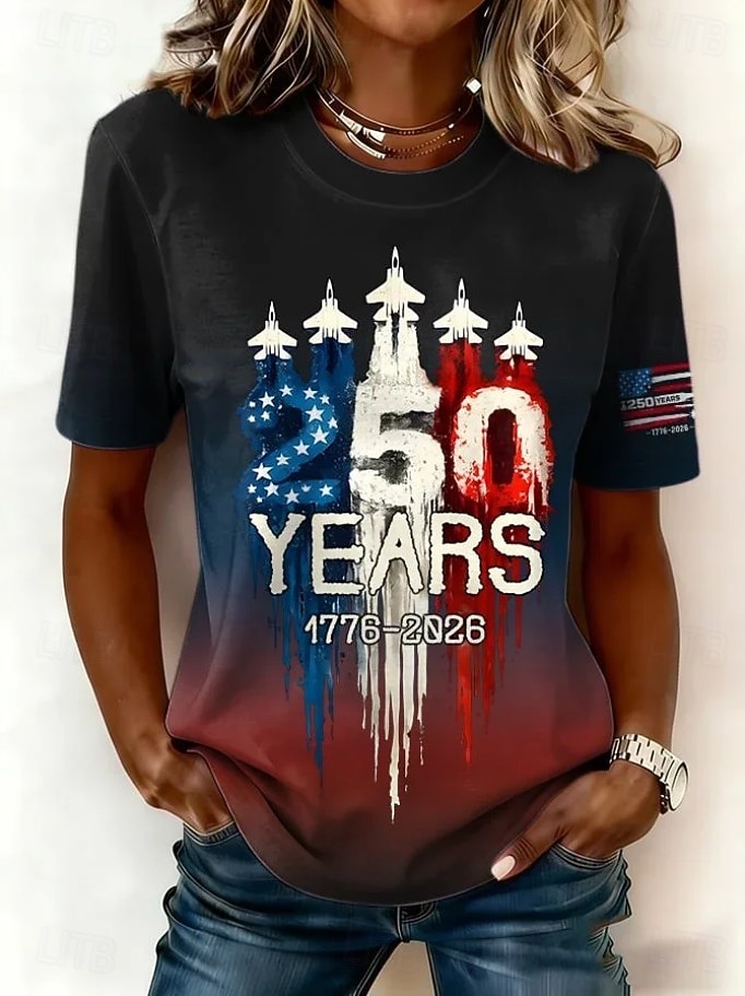 Uavhengighetsdag Amerikansk Jubileum Patriotisk Dame T-skjorte Grafisk Nasjonalflagg Vintage Stilfull Klassisk Kortermet Crew Neck Vanlige Topper Daglig Helg Print Svart Sommer Vår 2026 - $22.99 –P3