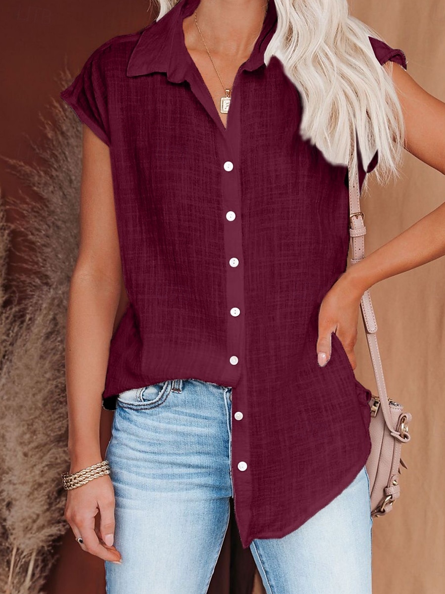 Women's Blouse Cotton Shirt Buttons Solid Color Vintage Daily Stylish Short Sleeve Shirt Collar Regular Tops Daily Blue Black White Pink Wine Summer Spring 2026 - $19.99 –P14