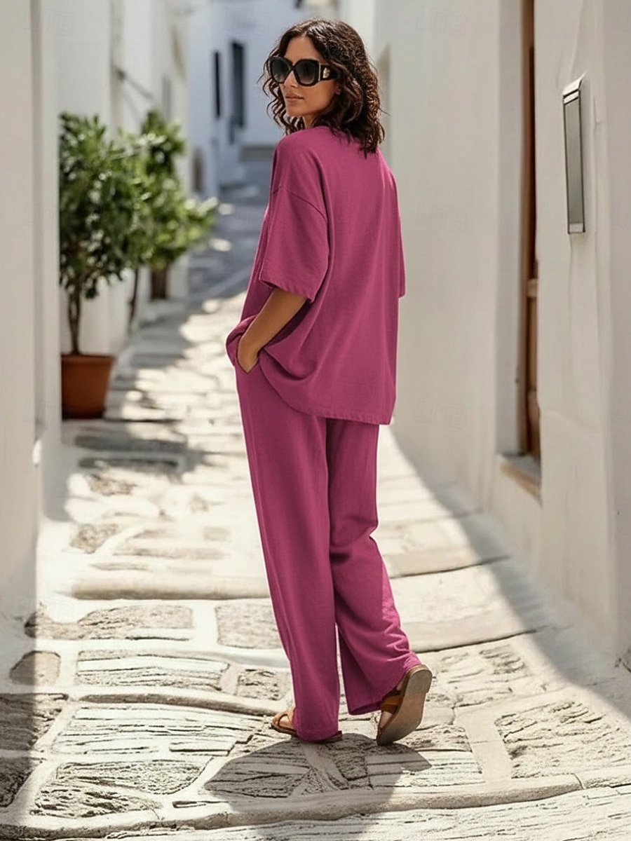 15% Linen Women's Pants Sets Linen Sets Basic Pure Color Pocket Elastic Waist T Shirt Pant Daily Street Long Sleeve Crew Neck Blue Black White Navy Blue Light Brown Summer Spring 2026 - $41.99 –P7