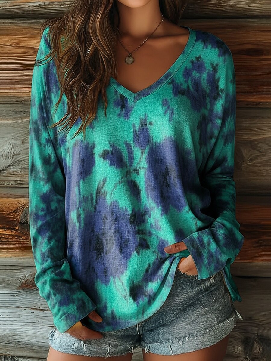 Damen T Shirt Druck Grafik Batik Vintage Lässig Boho Langarm V Ausschnitt Normale Oberteile Täglich Blau Sommer Frühling Herbst 2026 - $19.99 –P1