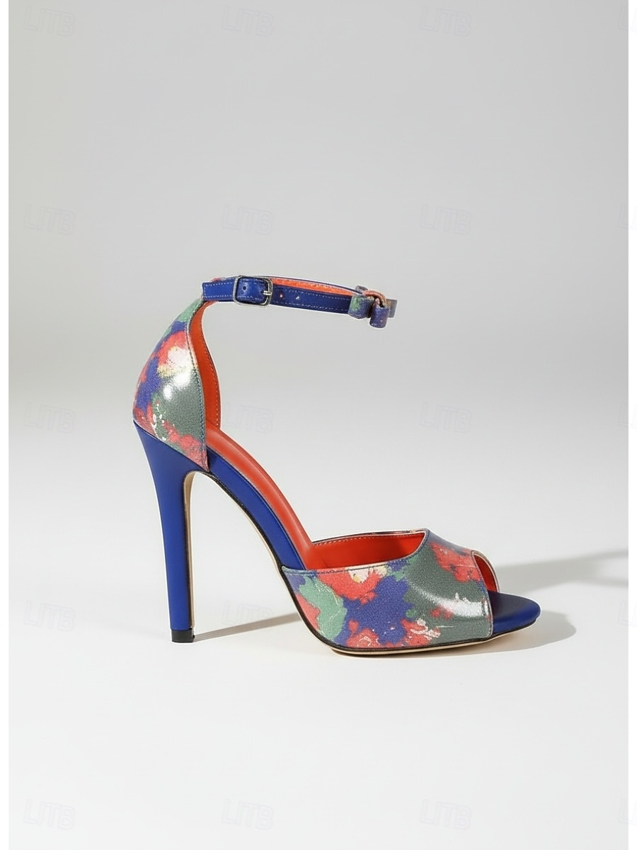 Women's Blue Floral Print High Heel Sandals with Ankle Strap – Open Toe Stiletto Dress Shoes for Evening Resort, Cocktail Party and Vacation Dinner 2026 - $54.99 –P3