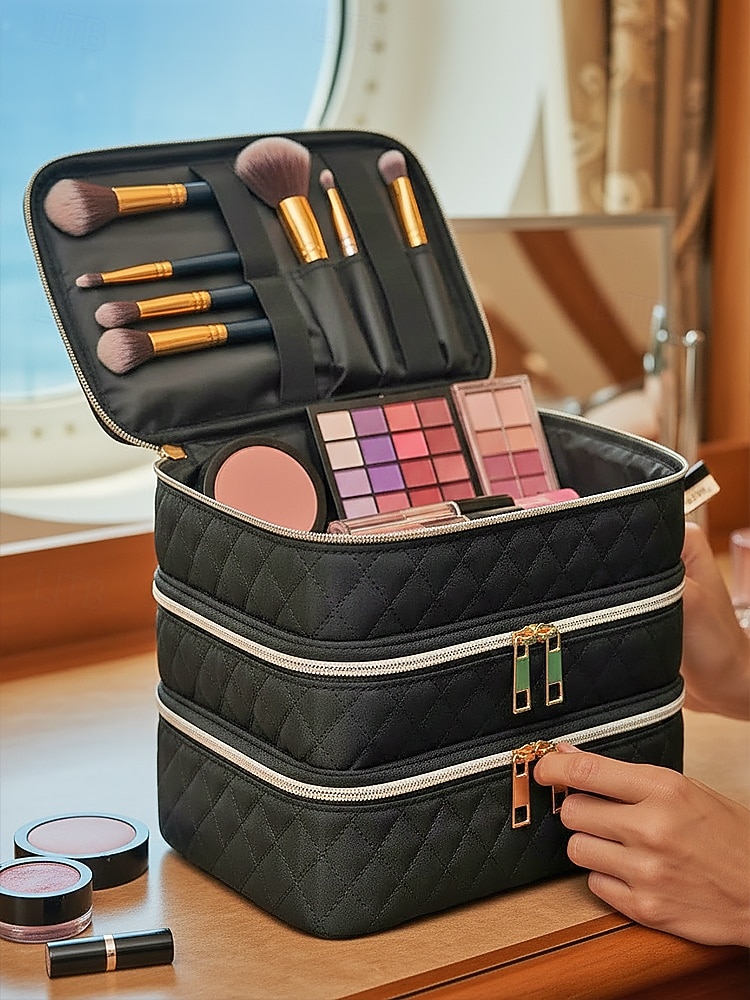 Women's Quilted Polyester Makeup Organizer, Multi-Color, Large Capacity with Multiple Compartments, Ideal for Daily Use, Vacation and Travel 2026 - $18.99 –P1