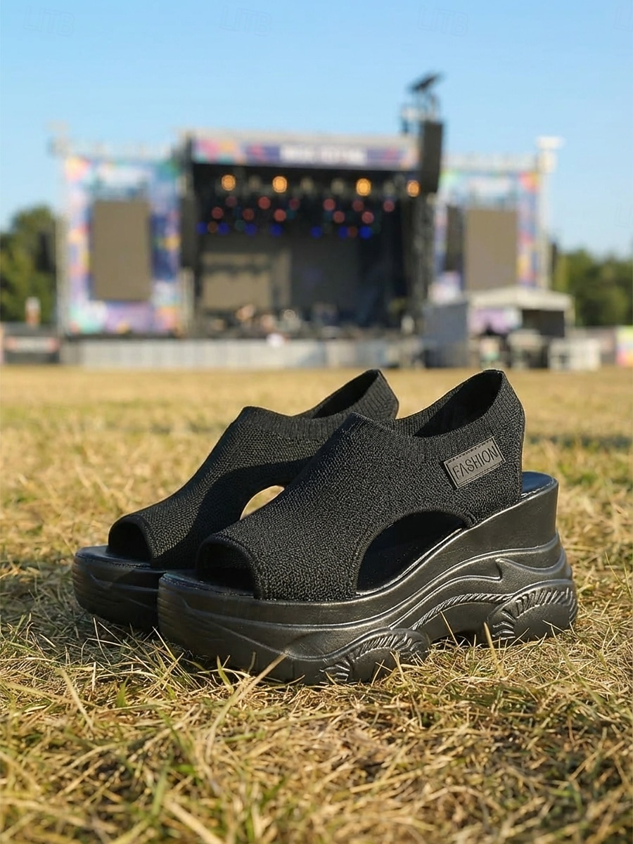 Dámské moderní černé sportovní sandály na platformě - prodyšné boty na klínku s flyknit podrážkou na hudební festivaly a venkovní koncerty &Drsné letní streetwear 2026 - $32.99 –P2