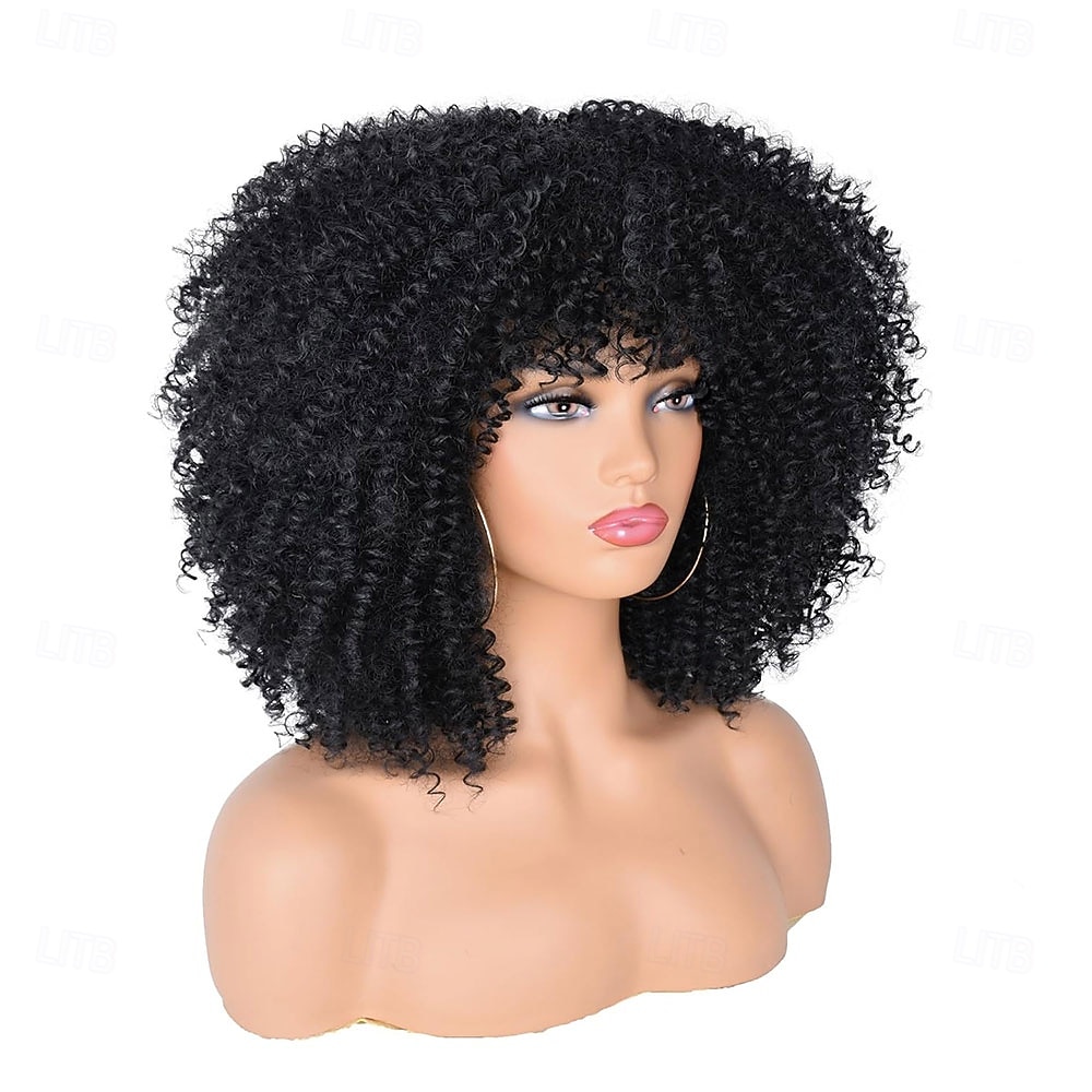 Кудрявые афро-парики для чернокожих женщин, афро-парик с челкой, без клея, пышный и объемный, как бомба, подходит для повседневной носки и работы, черный цвет 2026 - $30.99 –P3