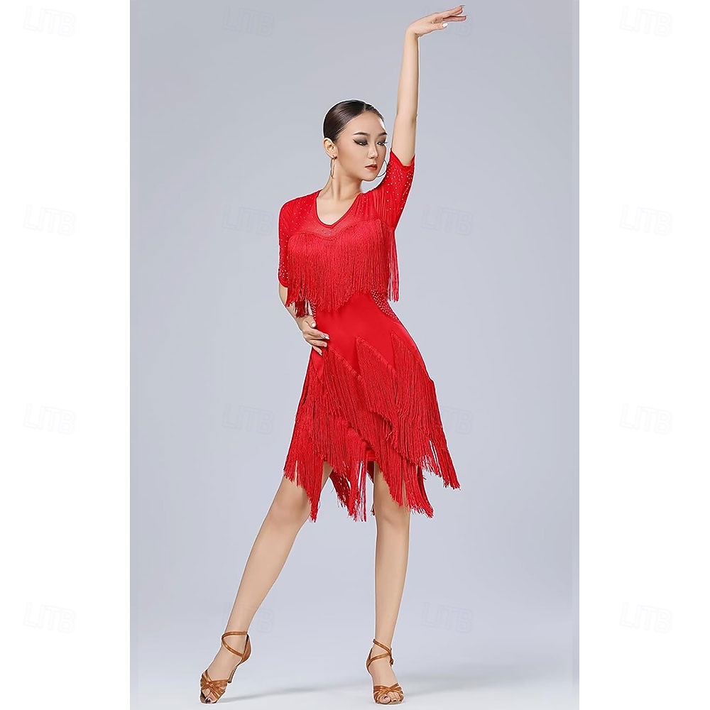 Baile Latino Vestido Pedrería Borla Mujer Fiesta Entrenamiento Rendimiento Media Manga Cintura Alta Nailon Encaje Licra 2026 - $96.99 –P6