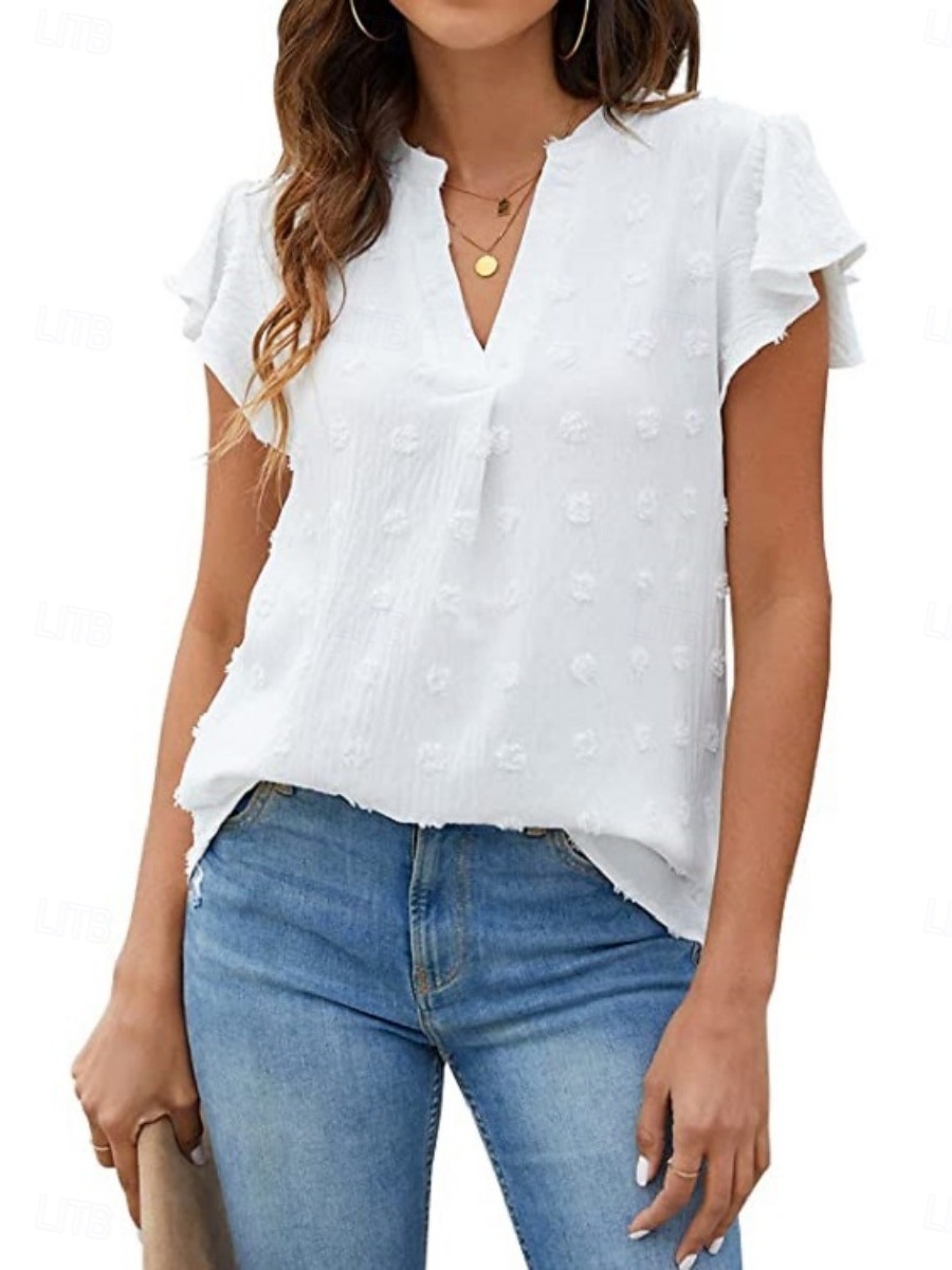 Femmes Chemisier A Volants Couleur Unie Élégant Occasionnel Manche Courte Col en V Hauts Réguliers Quotidien Bleu Noir Blanche Rose Claire Fuchsia Été Printemps de 2026 ? $25.99 –P1