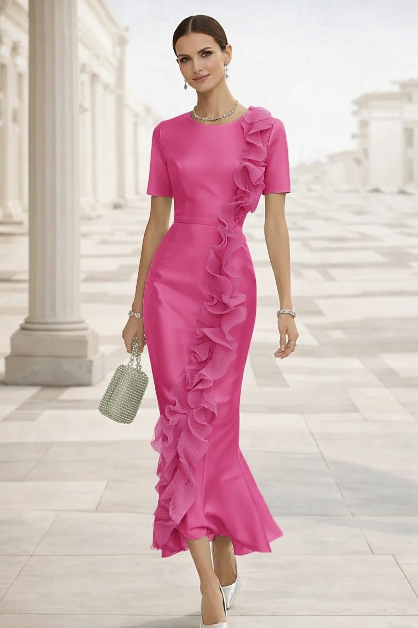 Mermaid / Trumpet Evening Ankle Length Cocktail Dresses Wedding Guest Dresses Elegant Short Sleeve Crew Neck Garden Party Formal Satin with Ruffles 2026 - $159.99 –P5