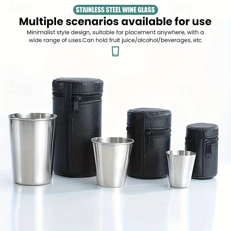 Juego de 5 vasos de acero inoxidable, vasos de vino portátiles con estuche de cuero, diseño en forma de bala, ideales para acampar, bares y restaurantes, duraderos y apilables, disponibles en 2026 - $12.99 –P7