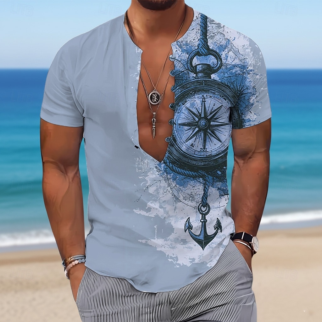 Hombre Náutico Ancla Brújula Camisa Camisa de manga corta Camisa con cuello mao Manga Corta retro de la vendimia Casual Diario vacaciones en la playa Verano Primavera Sin Cuello Impresión 3D Azul 2026 - $25.99 –P3