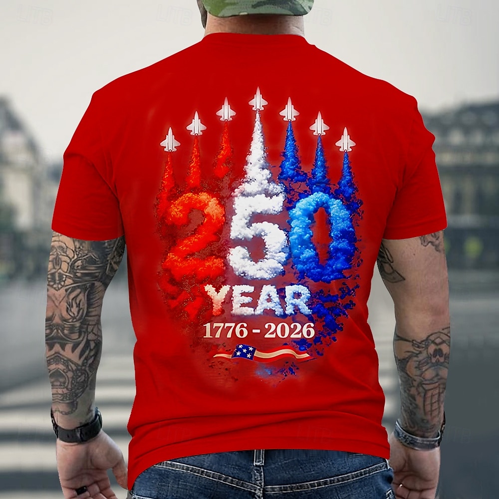 2026年 2026年7月4日 250周年記念日 男性用 3Dプリント 米国旗 クルーネック 半袖 Tシャツ デイリーストリート  コレクション – $21.99 –P2