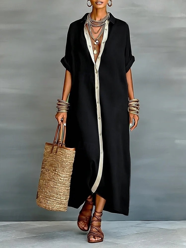 Damen Maxikleid Hemdblusenkleid Elegant Lässig Party Lässiger Schnitt Einfach Kurzarm Hemdkragen Blau Schwarz Rosa Grün Sommer Frühling 2026 - $41.99 –P1