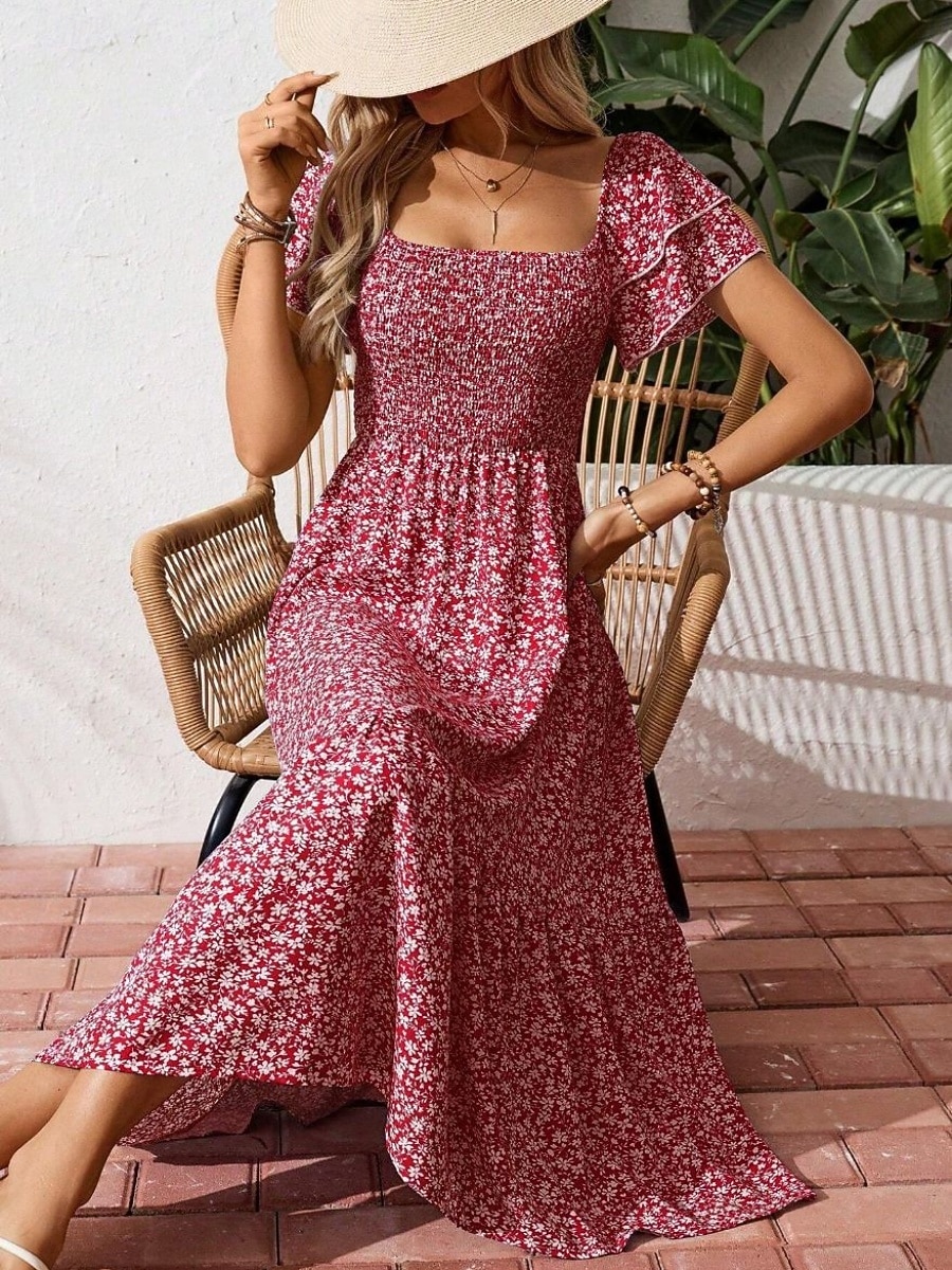 Dam Midiklänning Vardagsklänning Swingklänning Blommig klänning Elegant Mode Modern Utomhus Semester Utekväll Normal Ditsy Floral Kortärmad Fyrkantig hals Blå Svart Rubinrött Purpur Sommar Vår 2026 - $33.99 –P2