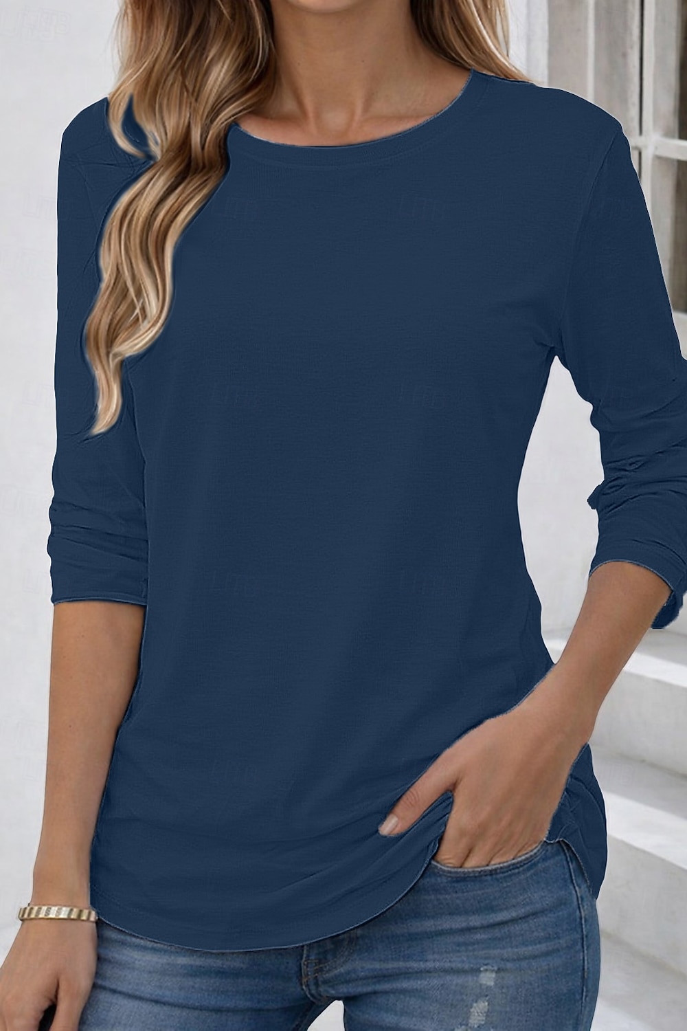 Camiseta 100% Algodão Feminina Cor Sólida Básica Clássica Casual de Manga Longa com Decote Redondo Tops Regulares para o Dia a Dia Saídas Preta Branca Vermelha Azul Marinho Verde Menta Primavera de 2026 por $19.99 –P1