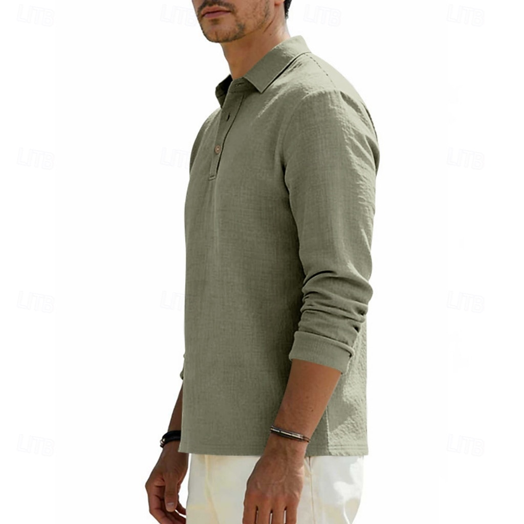 Men's Linen Shirt Polo Shirts Casual Street Lapel Long Sleeve Basic Modern Plain Buttons Spring Fall Regular Fit Black White Navy Blue Khaki Dark Grey Army Green Linen Shirt 2026 - $22.99 –P19