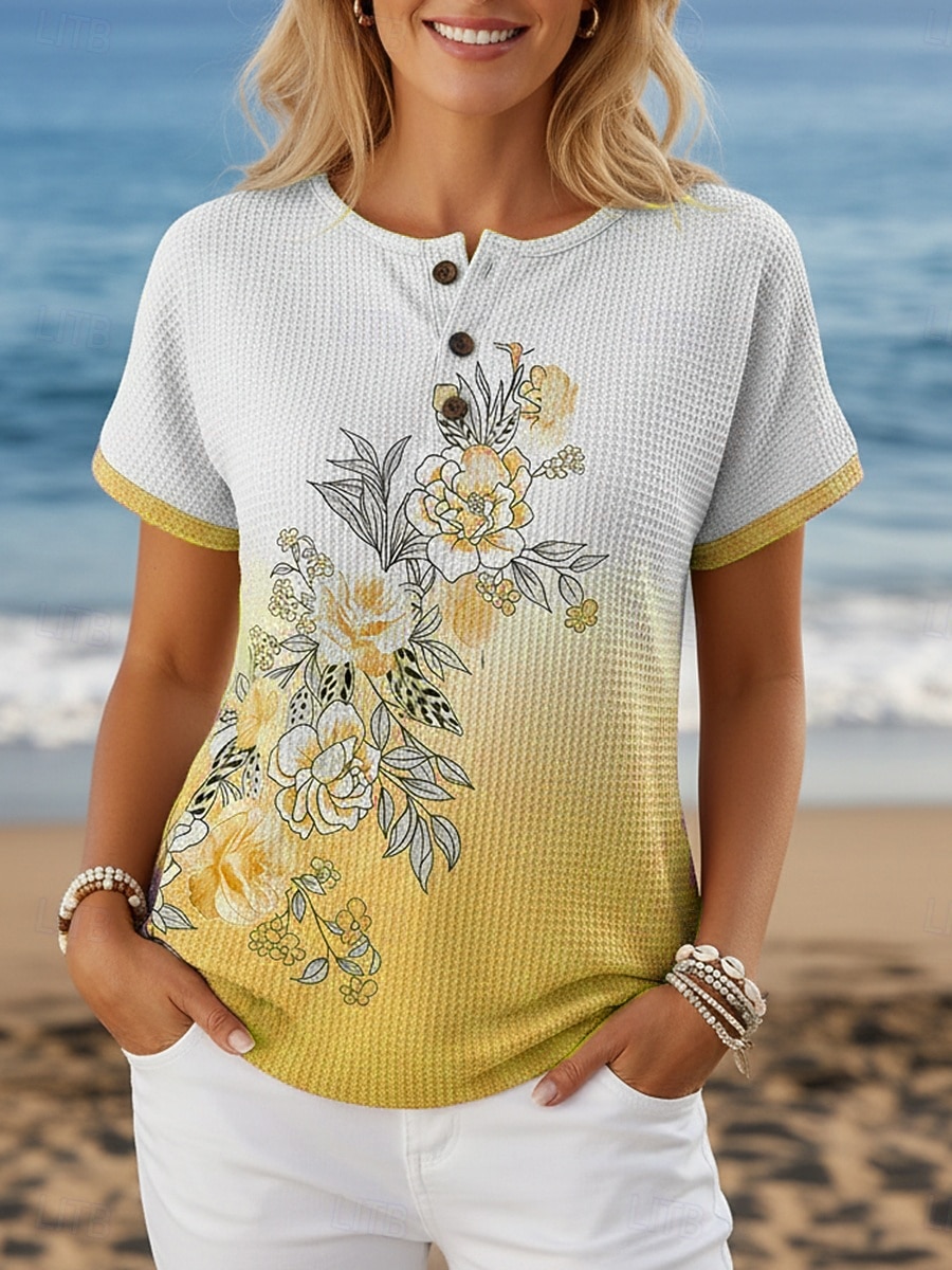 Pentru femei Tricou Imprimeu Nasturi de piept Floral Grafic Stilat Modern Casual Manșon scurt Henley Topuri obișnuite Zilnic Albastru piscină Galben Roz Îmbujorat Mov Trifoi Vară Primăvară 2026 - $17.49 –P5