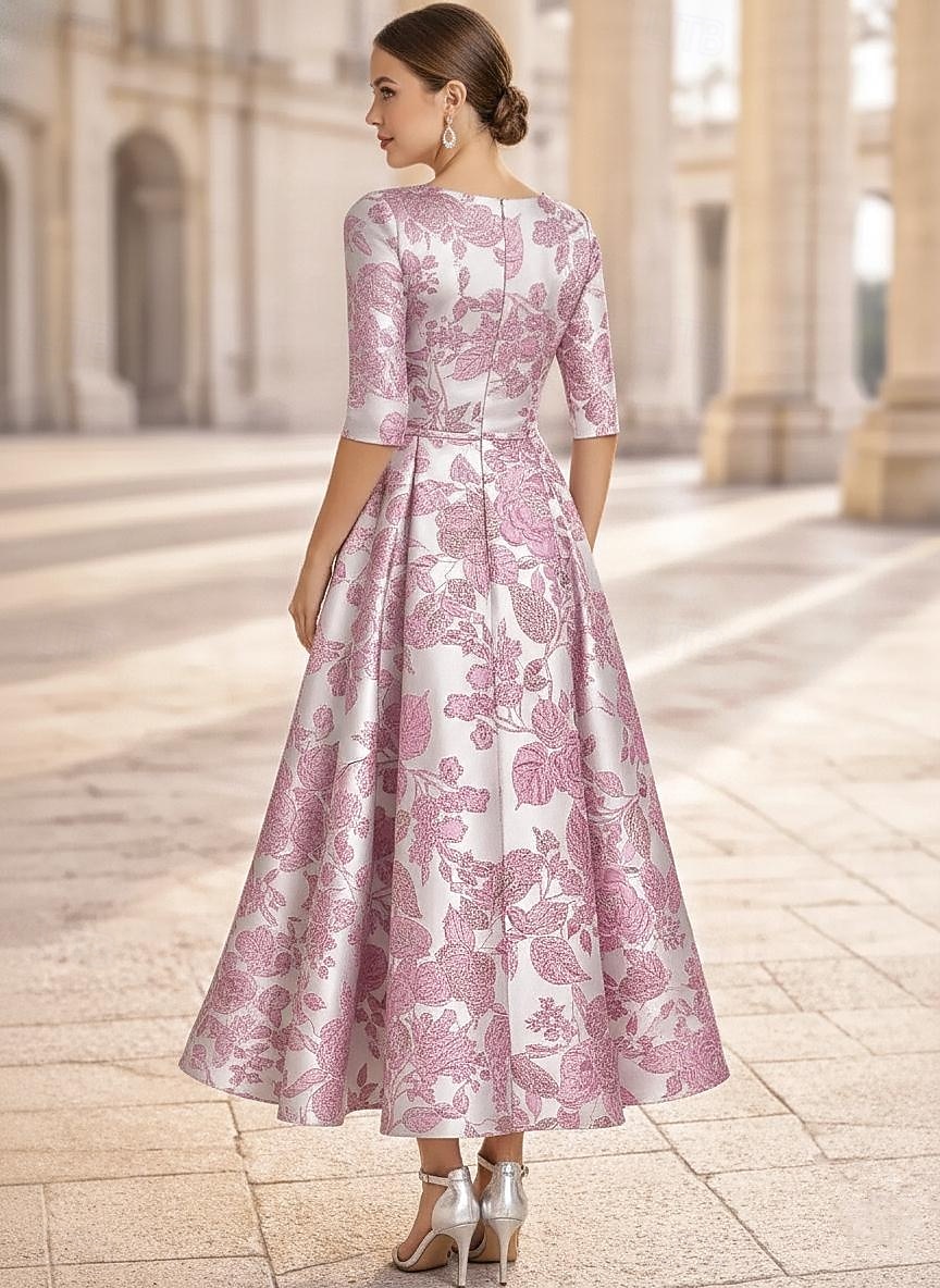 Linia -A Lungime Gleznă Lungimea ceaiului Rochie formala Rochii de cocktail Elegant Floral Manșon scurt În V Petrecere în grădină Nuntă Buzunar Jaquard cu Imprimeu Floral Pliuri Buzunar 2026 - $154.79 –P3