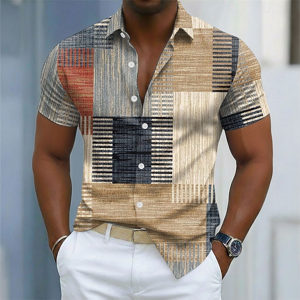 Men's Geometric Color Block Patchwork Shirt Button Up Shirt Casual Dress Shirt Short Sleeve Fashion Casual Streetwear Vacation Spring Fall Turndown 3D Print Collared Shirts Blue Purple Green Khaki 2026 - $25.99 –P1