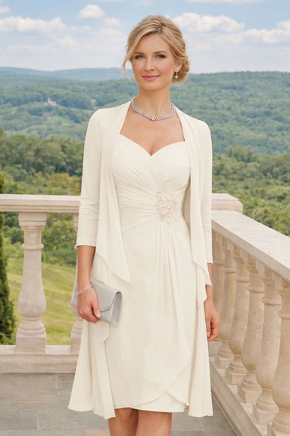 Duas Peças Tubinho Até os Joelhos Vestido de convidada de casamento Vestido Para Mãe dos Noivos Manga 3/4 Decote Princesa Elegante Tamanhos Grandes Convidado do casamento Igreja Chiffon Renda de 2026 por $157.99 –P7