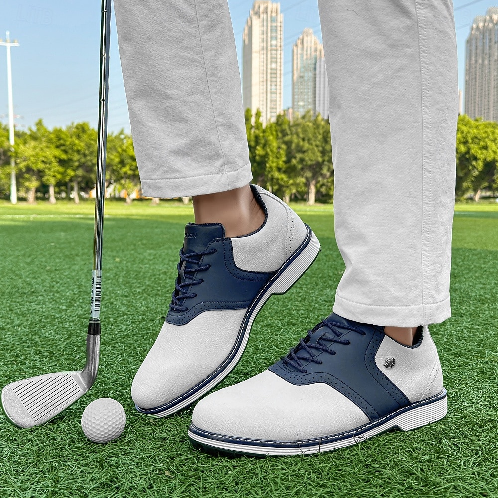 sapatos de golfe masculinos bicolores azul-marinho e branco, cadarço, couro durável, elegância esportiva para o golfe diário de 2026 por $84.99 –P3