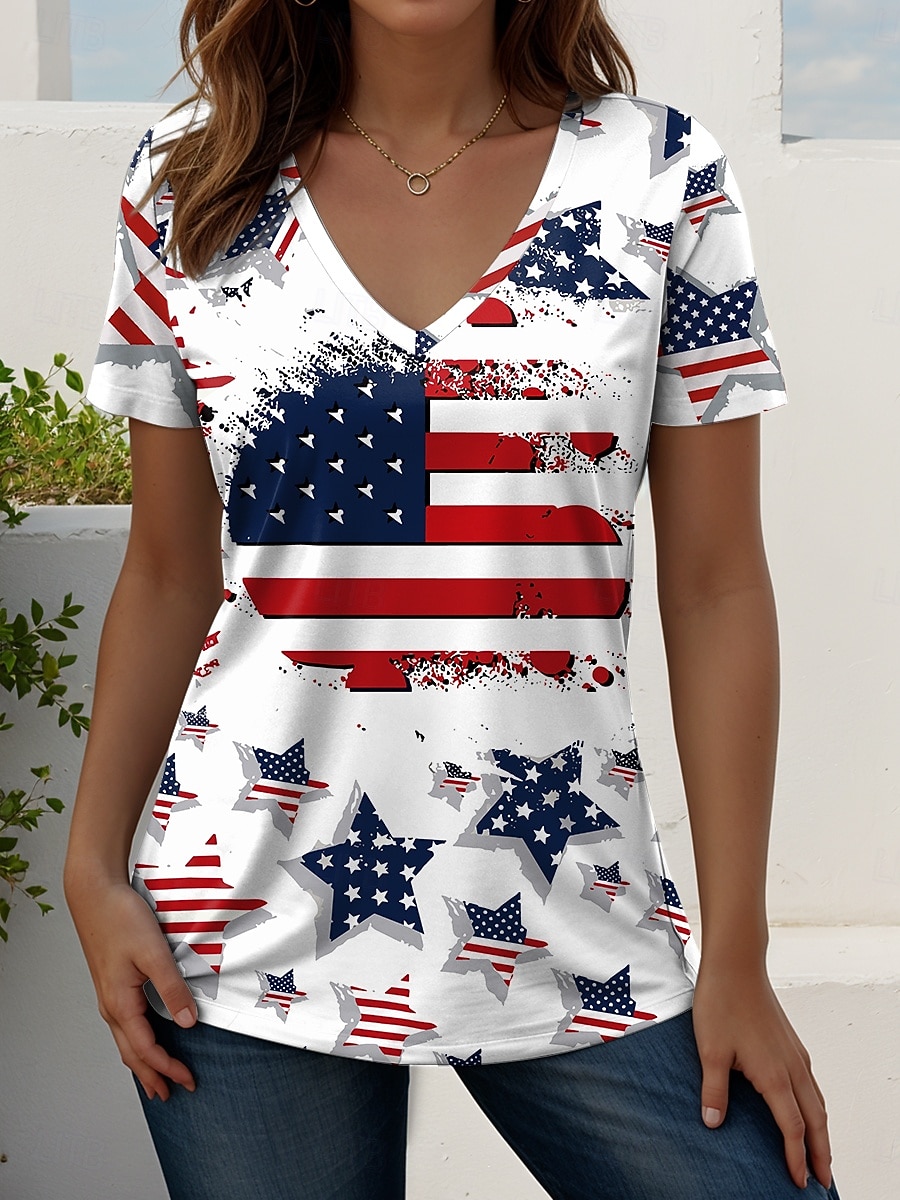 Amerikanska självständighetsdagen Dam T-shirt Mönster Grafisk Amerikanska flaggan Vintage Stylish Klassisk Kortärmad V-hals Vanliga toppar Dagligen Blå Vit Sommar Vår 2026 - $8.49 –P1