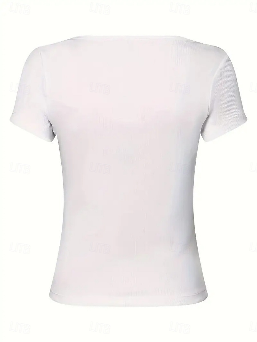 Mujer Camiseta Camiseta superior Botones Plano Moda Elegante Clásico Manga Corta Cuello Barco Tops regulares Diario Noche Fin de semana Negro Blanco Rojo Azul Marino Marrón Verano Primavera 2026 - $19.99 –P9