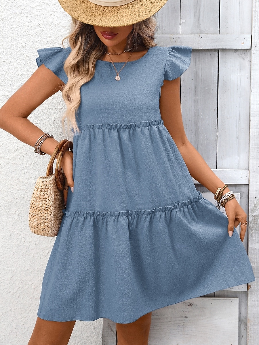 Mulheres Minivestido Vestido casual vestidos peplum Elegante Moda Moderno Ao ar livre Férias Para Noite Ajuste Largo Tecido Manga Curta Gola Redonda Azul Preto Verde Tropa Vinho Verão Primavera de 2026 por $21.99 –P4