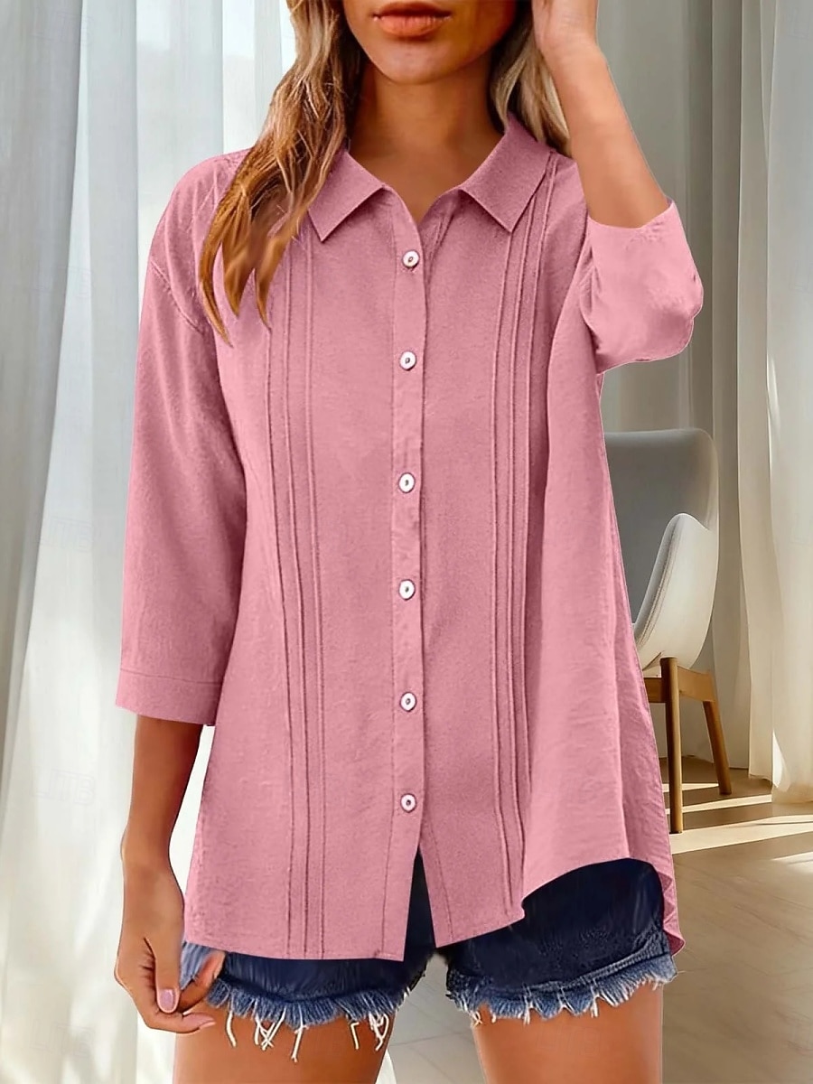 Per donna Camicia Blusa Camicia di cotone Arricciato Bottoni Tinta unica Elegante Classico Moderno Manica Lunga Colletto a Camicia Top Regolari Quotidiano Ferie Uscire Nero Bianco Giallo Rosa Vino del 2026 a $27.99 –P11