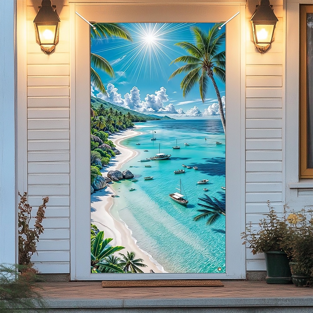 Scenic Coastal Sea View Sailboat Yacht on Turquoise Water with Rocky Cliff and White Flowers Beach Door Banner Cover Wall Tapestry for Home Interior Wall Decoration Front Door Entryway 2026 - $17.99 –P5