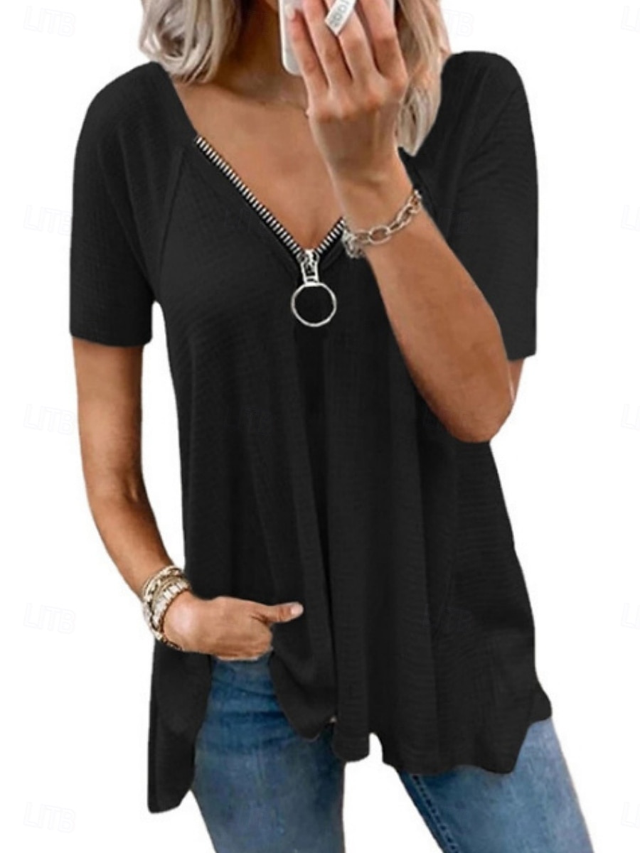 Damen Hemd Bluse Reißverschluss Einfach Stilvoll Klassisch Modern Kurzarm V Ausschnitt Normale Oberteile Täglich Ferien Ausgehen Schwarz Weiß Rosa Dunkelgray Grau Sommer Frühling 2026 - $22.99 –P2