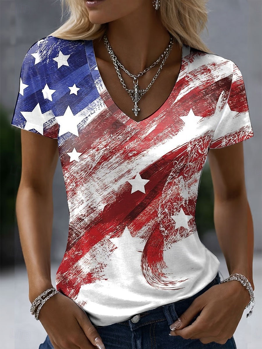 Giorno dell'Indipendenza Americana Per donna Maglietta Stampato Grafico Bandiera Vintage Elegante Classico Manica Corta Scollo a V Top Regolari Quotidiano Nero Bianco Cachi Estate Primavera del 2026 a $21.99 –P1