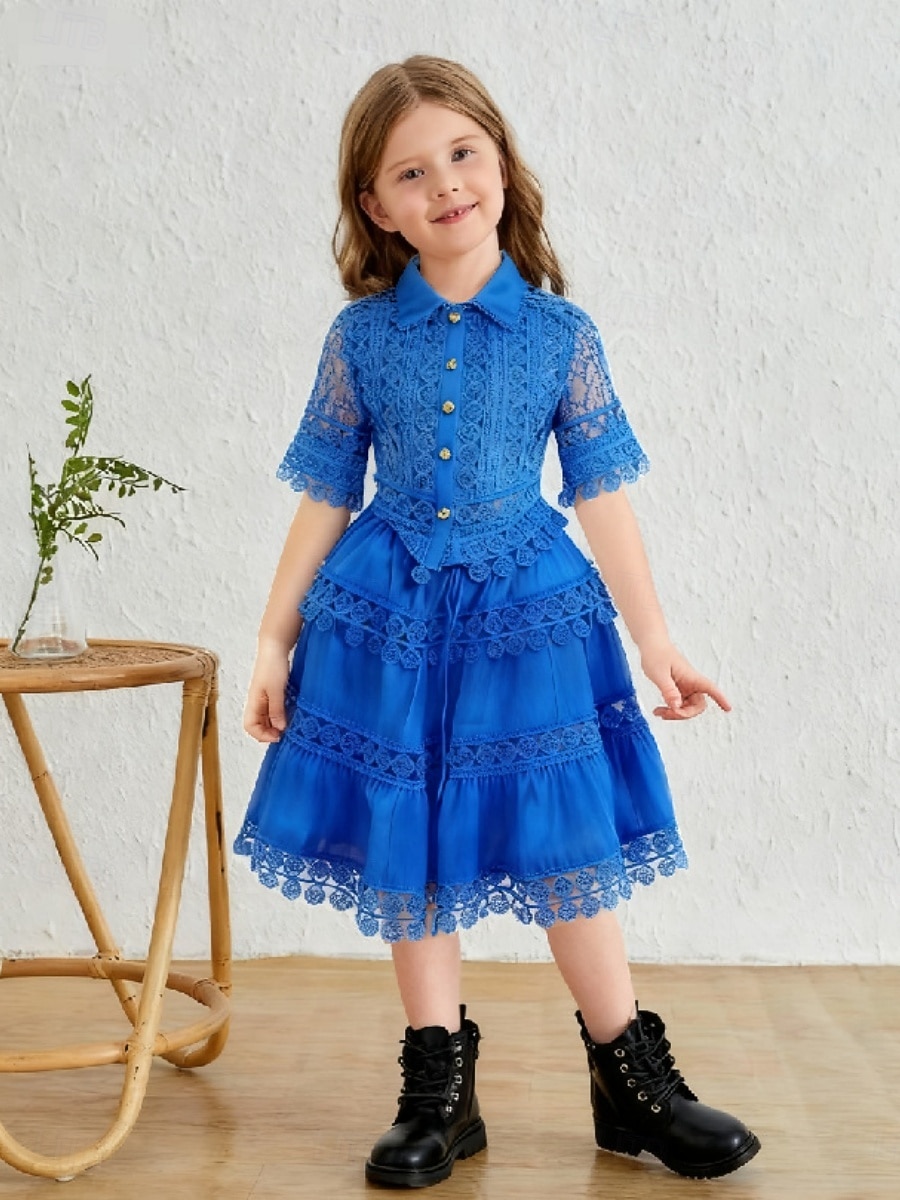 2 Pieces Kids Girls' Solid Color Lace Dress Suits Set Short Sleeve Fashion Outdoor 4 years+ Summer Blue White Pink 2026 - $40.99 –P4