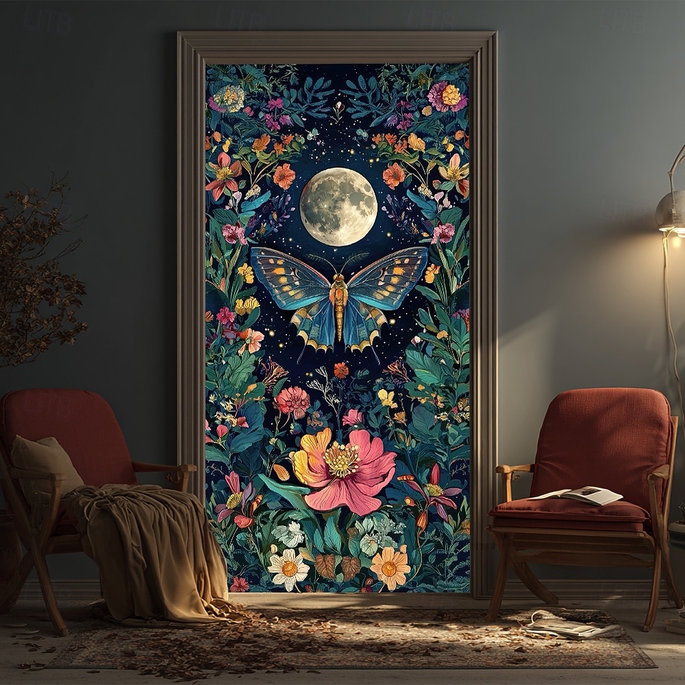 mystisk fjäril fullmåne blomma trädgårdsdörrbanderoll nattskog vibrerande blommig fantasikonst dörrskydd för entré sovrum heminredning festbakgrund 2026 - $17.99 –P2