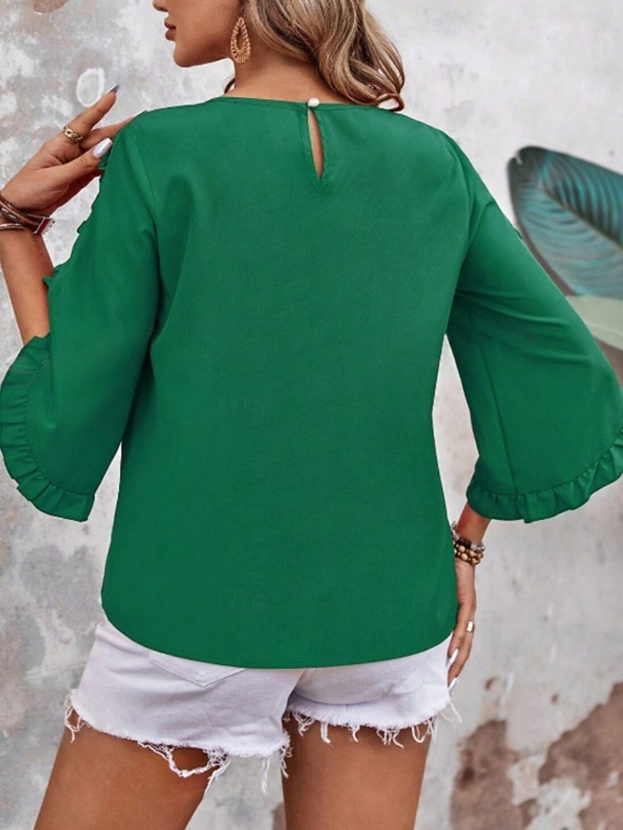 Mujer Camisa Blusa Blusa con volantes Volante Plano Elegante Clásico Moderno Manga 3/4 Cuello Barco Tops regulares Diario Festivos Noche Negro Rojo Naranja Verde Trébol Albaricoque Verano Primavera 2026 - $24.99 –P3
