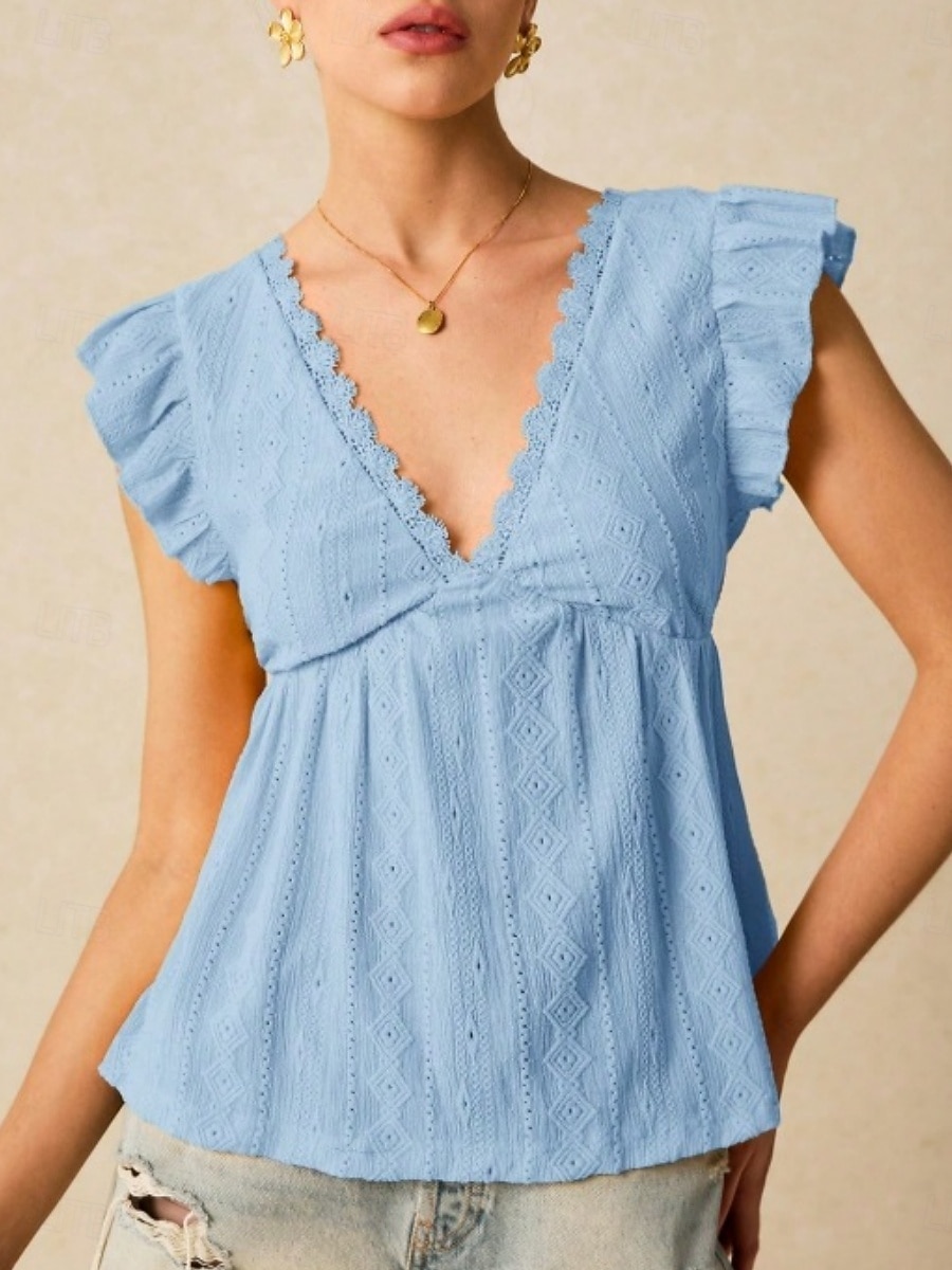 Damskie Bezrękawnik Falbana Oczko Równina Moda Elegancki Klasyczny Bez rękawów W serek Zwykłe topy Codzienny Wyjściowe Weekend Czarny Biały Kawowy Jasnoniebieski Lato Wiosna 2026 - $25.99 –P16