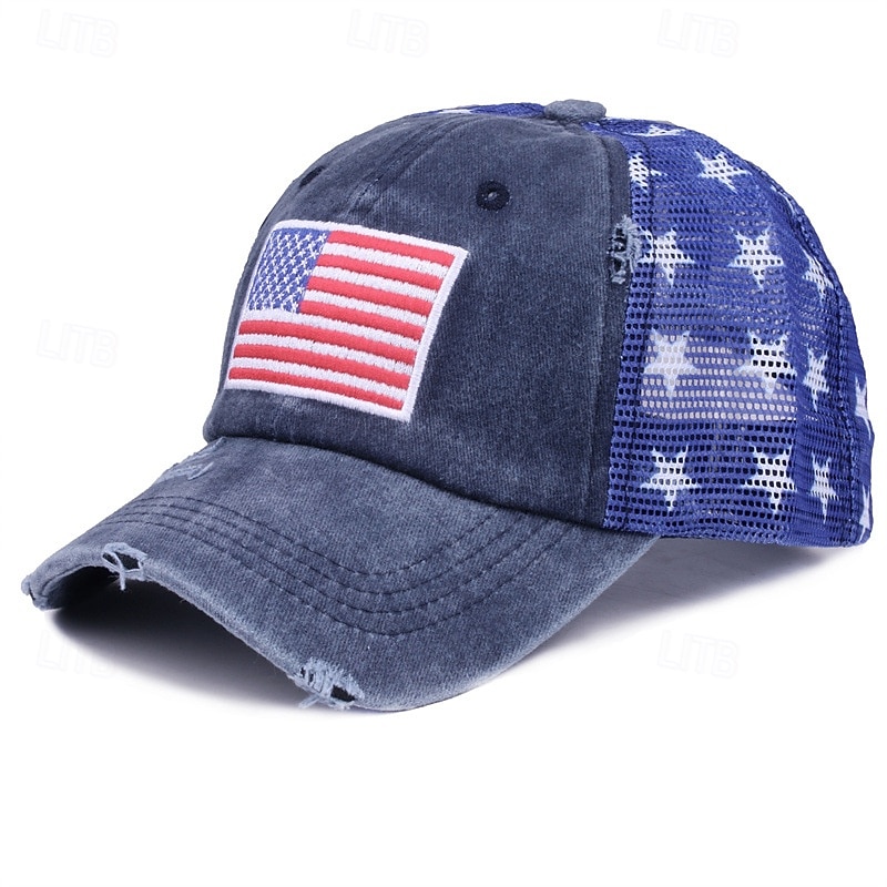 Cappellino da baseball patriottico in cotone lavato con stella della bandiera americana ricamata, cappellino da camionista vintage effetto invecchiato con rete per uomo e donna, 4 luglio, giorno del 2026 a $16.99 –P8