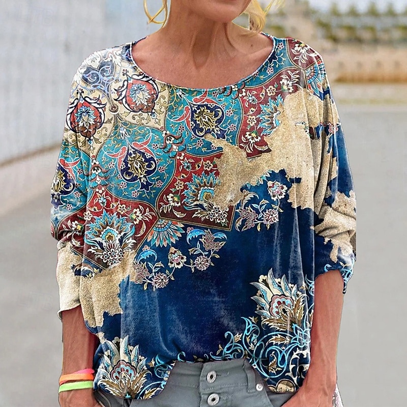 Per donna Camicia Boho Blusa Patchwork Stampato Grafico Vintage Elegante Classico Manica Lunga Girocollo Top Regolari Quotidiano Ferie Uscire Rosa Vino Blu marino Cachi Rosa Primavera Autunno del 2026 a $17.49 –P5
