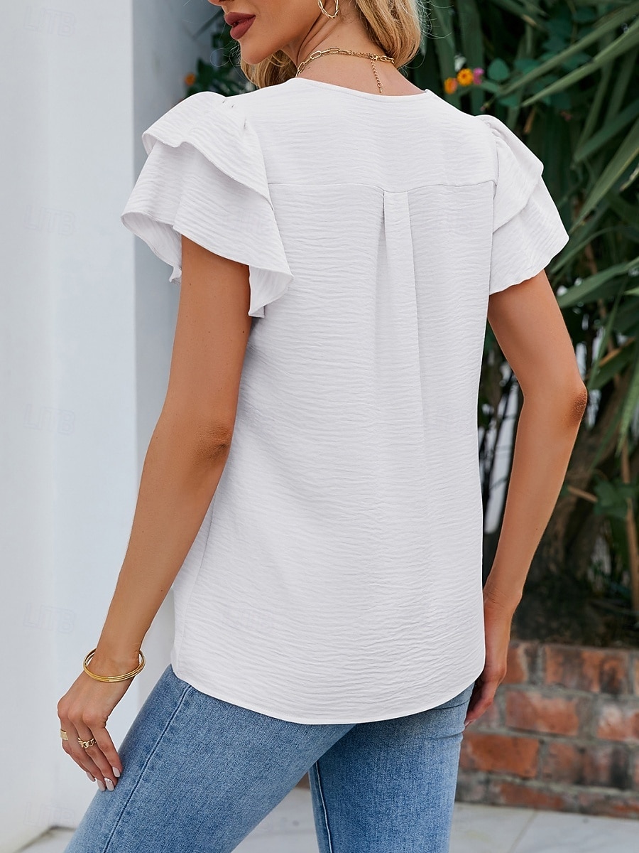 Dame T skjorte T-skjorte Drapering عادي Mote Stilfull Klassisk Kortermet V-hals Vanlige topper Daglig Ut på byen Helg Svart Hvit Rosa Himmelblå Fuksia Sommer Vår 2026 - $22.99 –P14